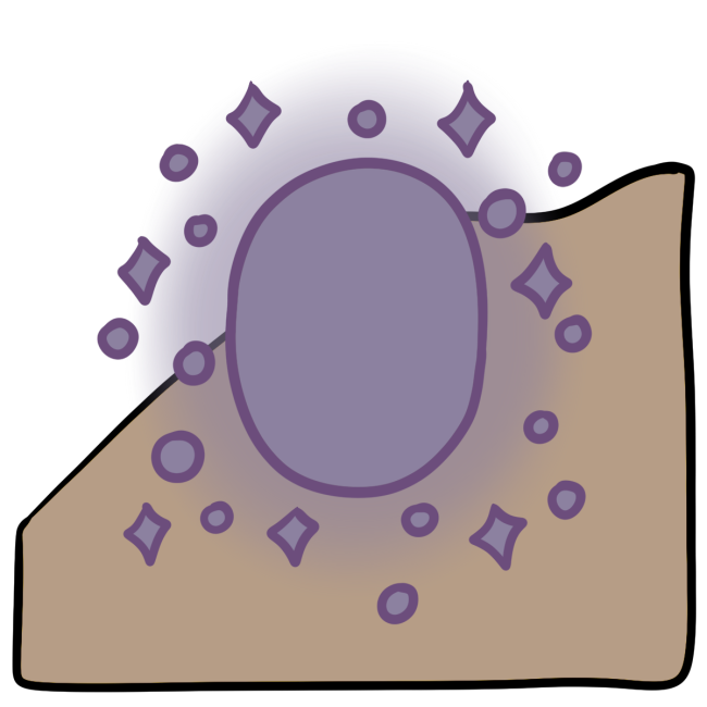 A light purple glowing oval with little diamond and dot bits around the edge. Curved beige skin fills the bottom half of the background.